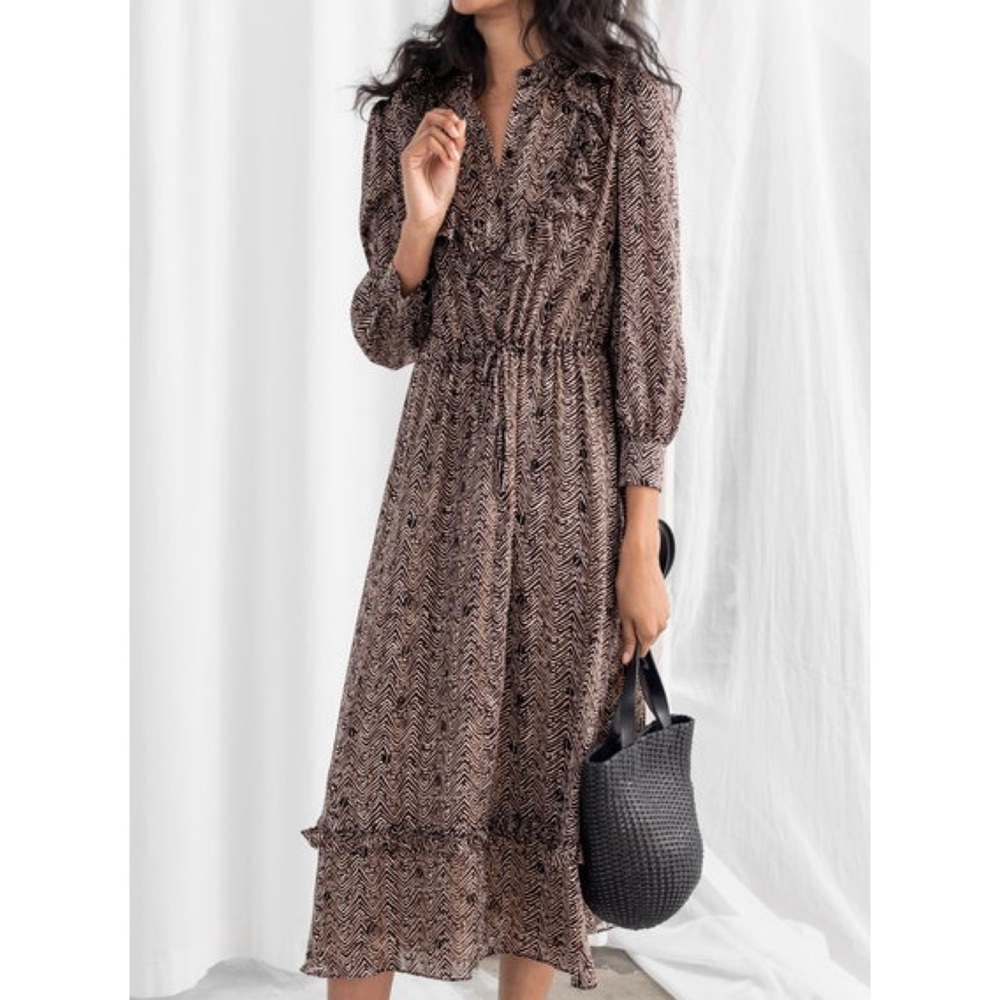 & Other Stories Printed Ruffle Bib Midi Dress Brown Long Sleeve Modest Size 8